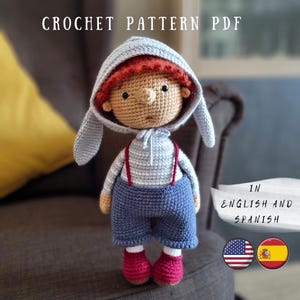 Molde de crochê para boneca: Amigurumi de menino com chapéu de coelho (molde em PDF)