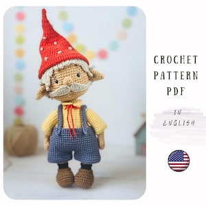 Virkmönster för tomte (PDF) – Handledning för amigurumi med mustacherad älva