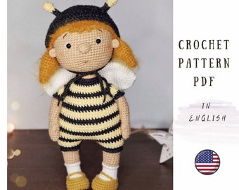 Crochet pattern for Bee the Doll, crochet bee pattern, PDF amigurumi doll pattern