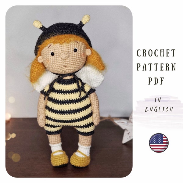 Crochet pattern for Bee the Doll, crochet bee pattern, PDF amigurumi doll pattern