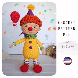 Crochet Clown pattern, Crochet pattern for clown, Crochet doll pattern, Amigurumi clown doll, Cute crochet clown