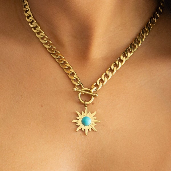 Toggle Curb Chain Choker - Gold Turquoise Necklace - 316L Stainless Steel - Link Chocker - Curb Chain Choker