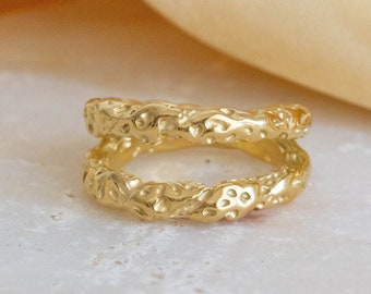 18k Gold Filled Textured Ring - Double Gold Ring - Double Band - Statement Ring For Her