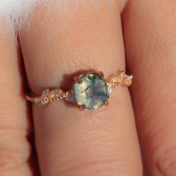 Moss Agate Twig Ring - Hexagon Ring -  Natural Aquatic Moss Engagement Ring - Promise Ring - Gift Ring