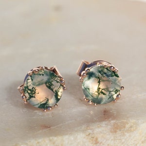 Moss Agate Earrings - Round Aquatic Moss Earrings - Stud Earrings Green Moss Jewelry - Gift for Her