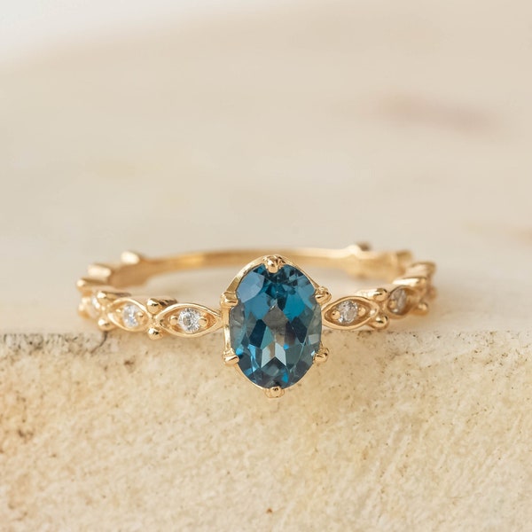 Vintage Blue Topaz Ring 14k Gold Plated Blue Gemstone Ring  Promise Ring December Birthstone Ring Gift for Mom