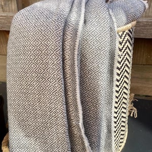 Grey Wool Sofa Throw Blanket – Soft, Warm Himalayan Wool Shawl | Handloomed in Nepal | Diamond Pattern | Winter Wrap or Meditation Throw