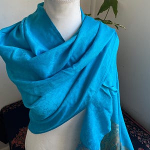 Bright Blue Silk Pashmina Scarf – Lightweight Multicolor Shawl Wrap for Women | Soft Wedding or Gift Accessory