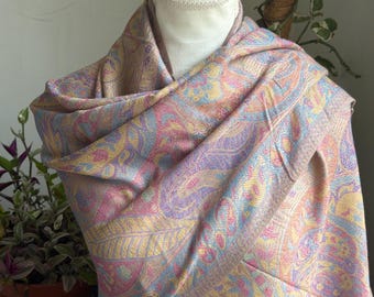 Silk Pashmina Blend Scarf, Golden Beige Rose Pink Shawl, Multicolor Wrap, Nepal Origin