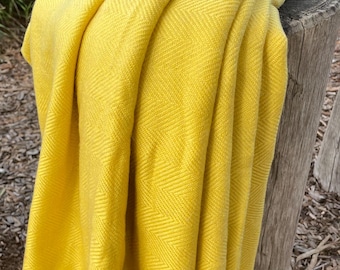 Yellow Himalayan Wool Blanket | Handloomed Herringbone Sofa Throw | Nepal Origin