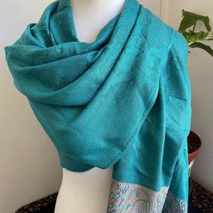 Teal Green Brown Mix Silk Pashmina Scarf – Lightweight Multicolor Shawl Wrap for Women | Soft Wedding or Gift Accessory