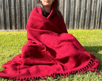Handloomed Red Yak Wool Blanket, Tibetan Travel Shawl, Nepal