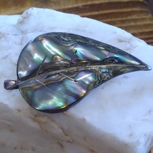 Vintage shell inlay Mexican Sterling Silver leaf brooch fall winter holiday