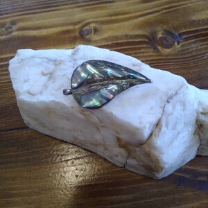 Vintage shell inlay Mexican Sterling Silver leaf brooch