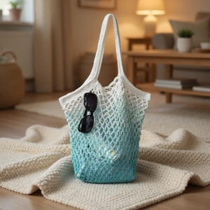 May include: A white and teal ombre crochet tote bag with a net-like design. Black sunglasses are clipped to the side of the bag. The bag is sitting on a cream-colored, textured rug.