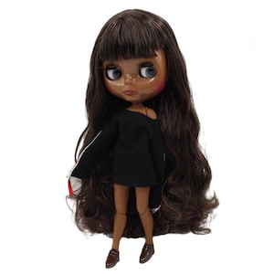 Victoria – Premium Custom Neo Blythe Doll with Brown Hair, Black Skin & Shiny Cute Face