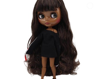 Victoria – Premium Custom Neo Blythe Doll with Brown Hair, Black Skin & Shiny Cute Face