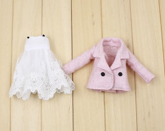 Neo Blythe Doll White Embroidery Dress with Pink Coat