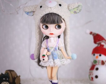 Neo Blythe Doll Floral Net Dress with Sheep Hat & Bag