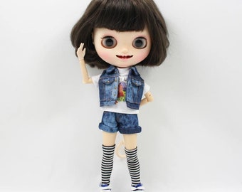 Neo Blythe Doll Denim Outfit Shorts with Vests Stockings