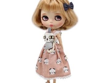 Neo Blythe Doll Pink Kitty Dress With Bow Hairpin