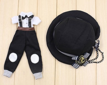 Neo Blythe Doll Fashionable Black White Overall Dress with Bow Hat