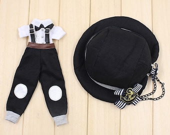 Neo Blythe Doll Fashionable Black White Overall Dress with Bow Hat