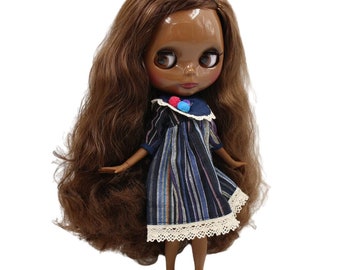 Sage – Premium Custom Neo Blythe Doll with Brown Hair, Dark Skin & Shiny Cute Face