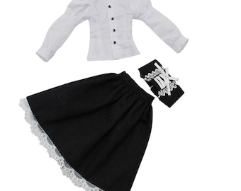 Neo Blythe Doll White Shirt with Belt, Black & Brown Skirt