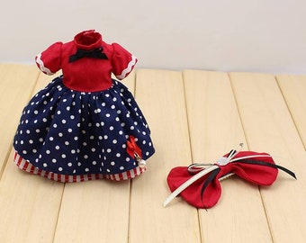 Neo Blythe Doll Blue Red Polka Dot Dress with Bow Pin