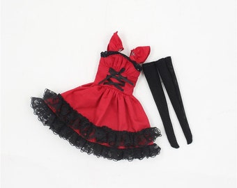 Neo Blythe Red Gothic Dress with Black Lace & Stocking