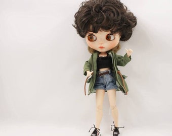 Neo Blythe Doll Denim Shorts Black Lace Bra with Green Army Jacket