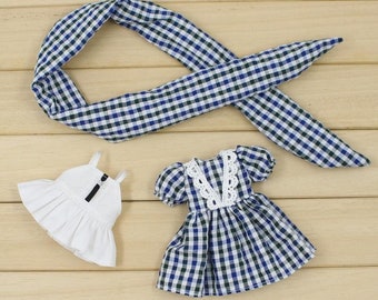 Neo Blythe Doll Vintage Blue White Check Dress With Hair Band