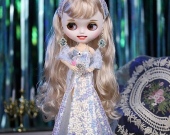 Neo Blythe Doll Shiny Bowl Dress with Earrings & Head Dress
