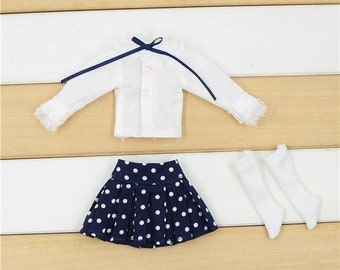Neo Blythe Doll White Lace Shirt With Blue Polka Dot Skirt