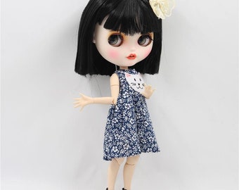 May - Premium Custom Neo Blythe Doll with Black Hair, White Skin & Matte Smiling Face
