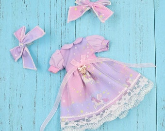 Neo Blythe Doll Unicorn Lavender Dress with Bow Pins