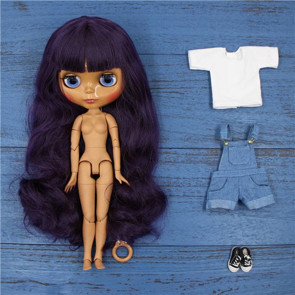 Janice – Premium Custom Neo Blythe Doll with Blue Hair, Dark Skin & Shiny Cute Face