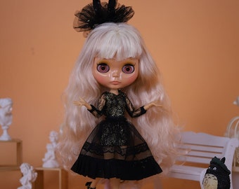Neo Blythe Doll Black Lace Net Dress with Hat