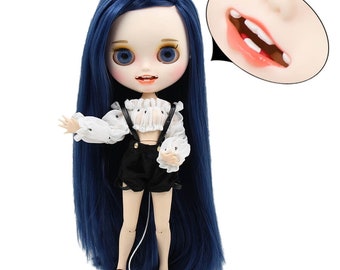 Selena – Premium Custom Neo Blythe Doll with Blue Hair, White Skin & Matte Smiling Face