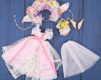 Neo Blythe Doll Fairy Floral Dress with Headband, Ears & Basket