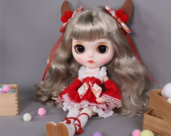 Neo Blythe Doll Christmas Dress With Bow Hairpin