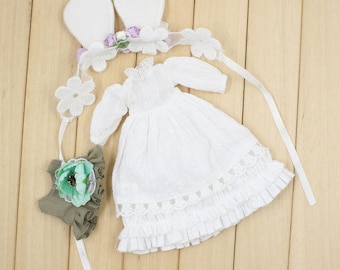 Neo Blythe Doll Floral Lace Dress with Fancy Headdress