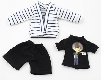 Neo Blythe Doll Black T-Shirt, Shorts with Striped Sweater