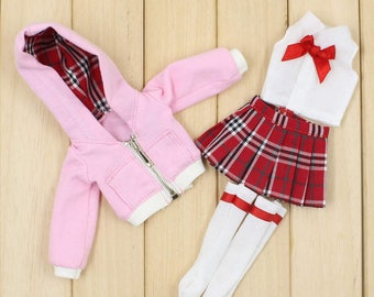 Neo Blythe Doll Red Check Skirt with White Shirt, Stocking & Pink Coat