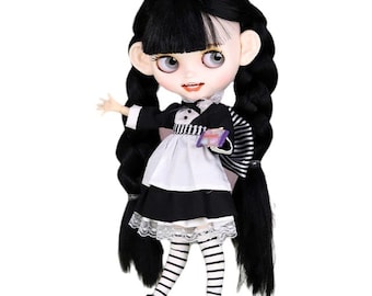 Wednesday Addams – Premium Custom Neo Blythe Doll with Black Hair, White Skin & Matte Smiling Face