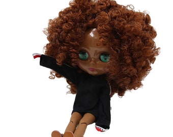 Lucy – Premium Custom Neo Blythe Doll with Brown Hair, Black Skin & Shiny Cute Face