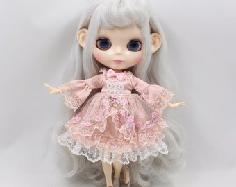 Neo Blythe Doll Vintage Pink Lace Dress with Headdress
