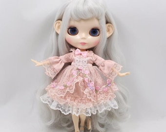 Neo Blythe Doll Vintage Pink Lace Dress with Headdress