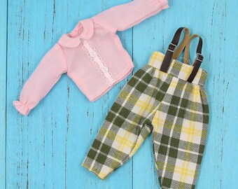 Neo Blythe Doll Pink Shirt with Check Overall Dress